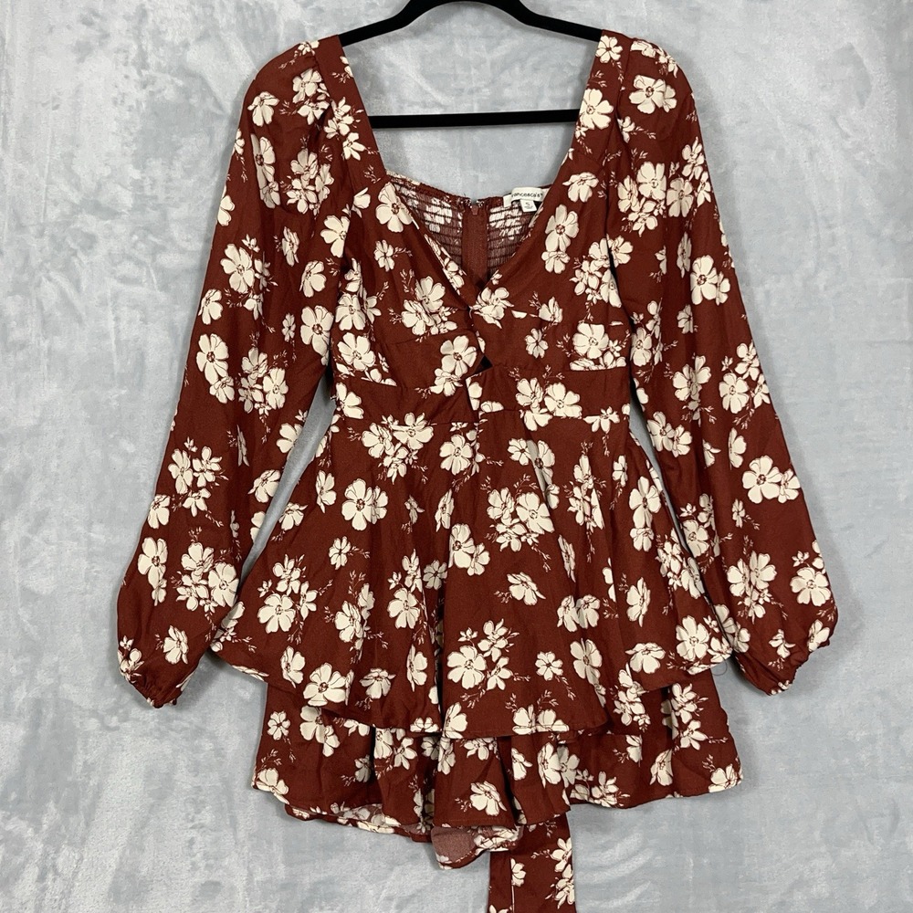 Y2K Floral‎ Mini Dress Romper Long Sleeve S Flowy Tiered Boho Smocked Back